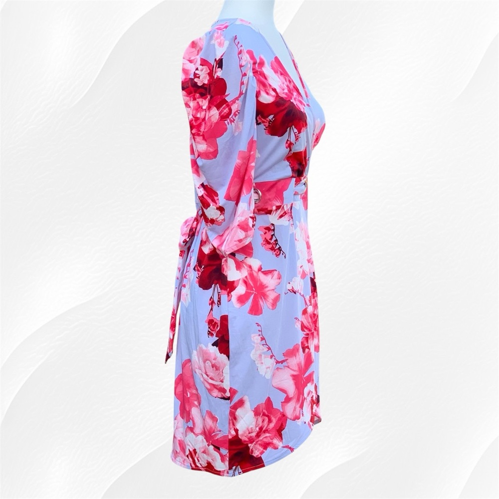 Venus Light Blue Pink and Red Floral Faux Wrap 3/4 Sleeve V-Neck Dress, Large - Picture 2 of 10